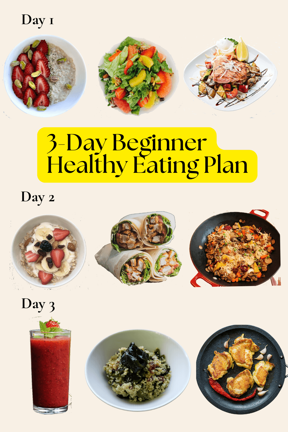 Three-day healthy eating plan with simple meals and helpful kitchen tools.