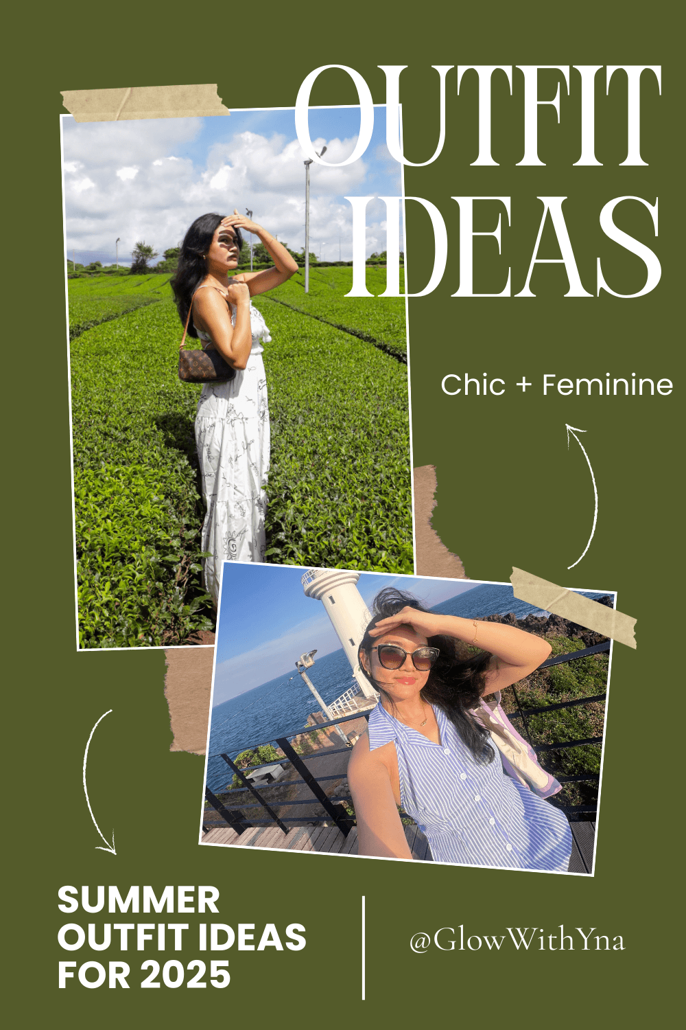 Summer outfits in Jeju Island with flowy dresses, shorts, and sneakers.