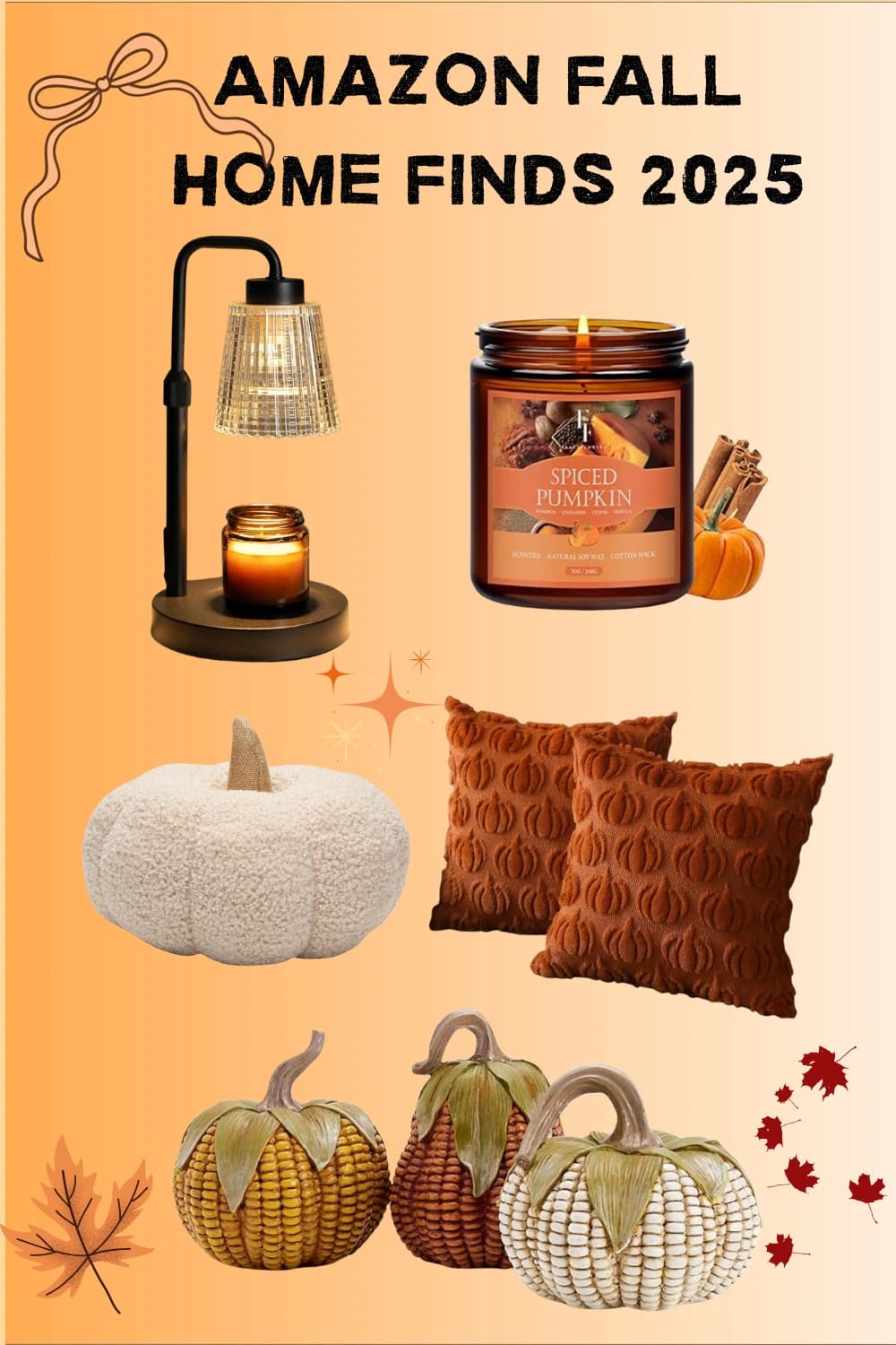 Cozy fall home setup with soft throw pillows, a glowing candle warmer lamp, scented candles, and neutral pumpkin decor creating a warm, inviting atmosphere.