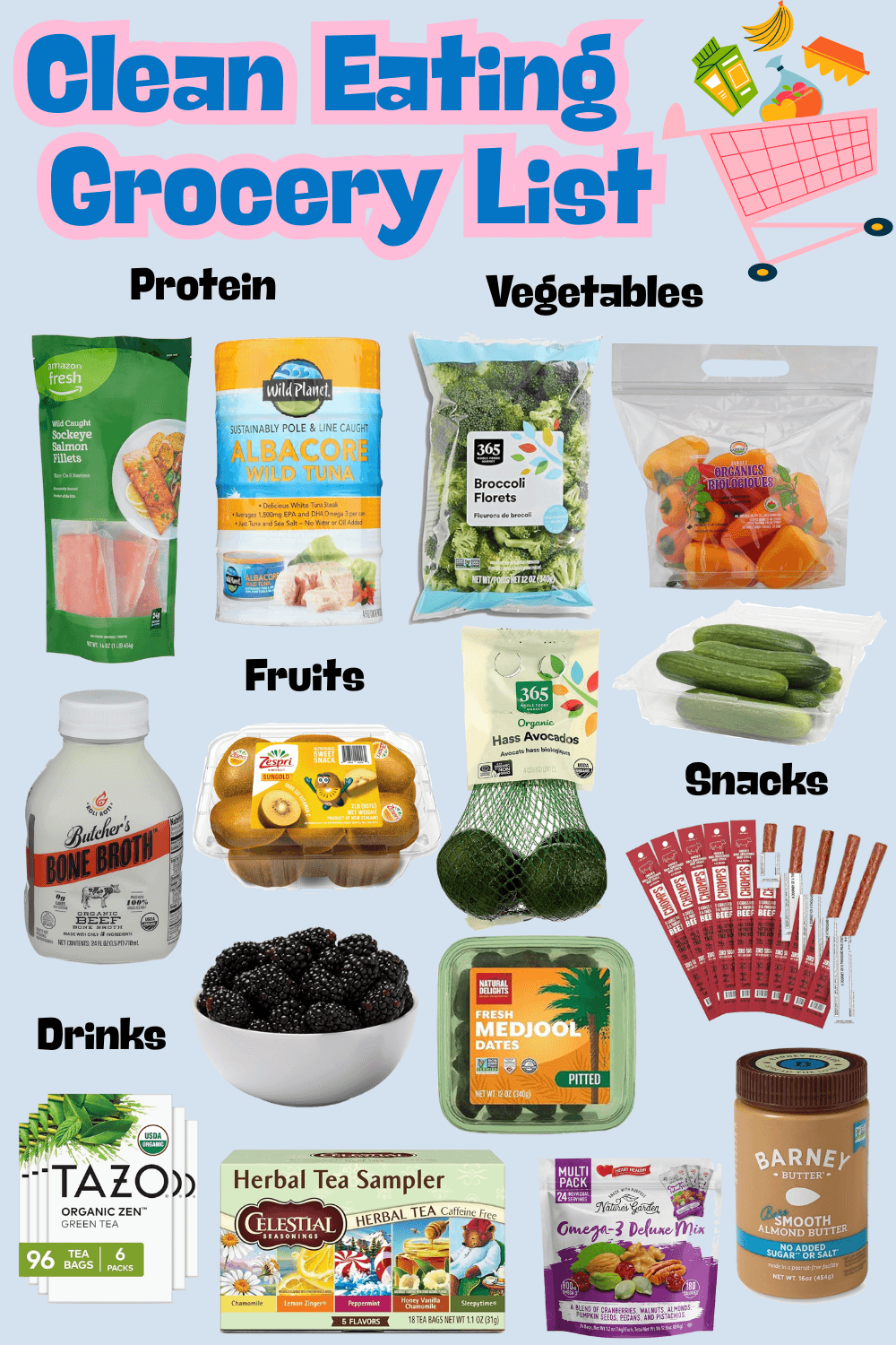 Amazon clean eating grocery haul with proteins, fruits, vegetables, and pantry staples.