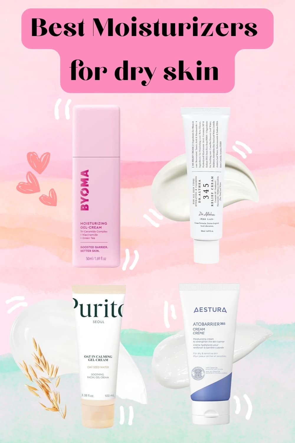 Flatlay of winter skincare moisturizers ideal for combination skin, including gel creams and rich barrier creams.