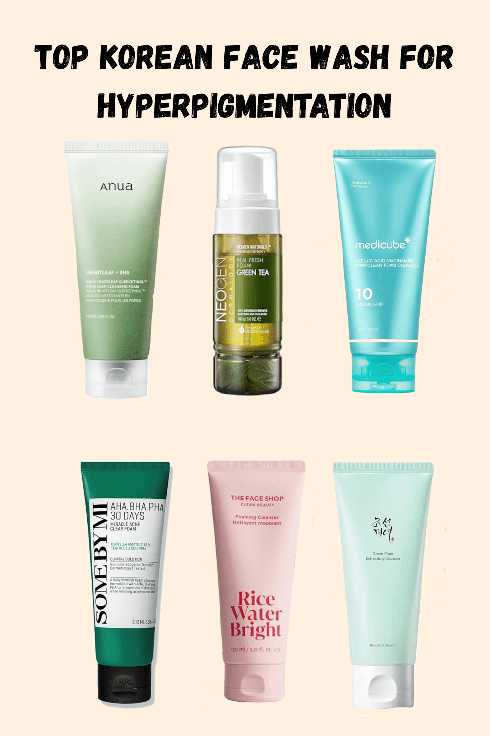Collection of Korean cleansers recommended for fading hyperpigmentation and brightening skin.
