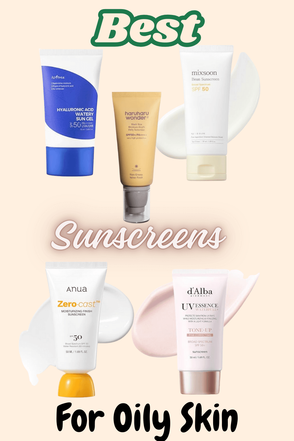Flatlay of popular Korean sunscreens including Anua, Haruharu, d'Alba, Isntree, and Mixsoon.