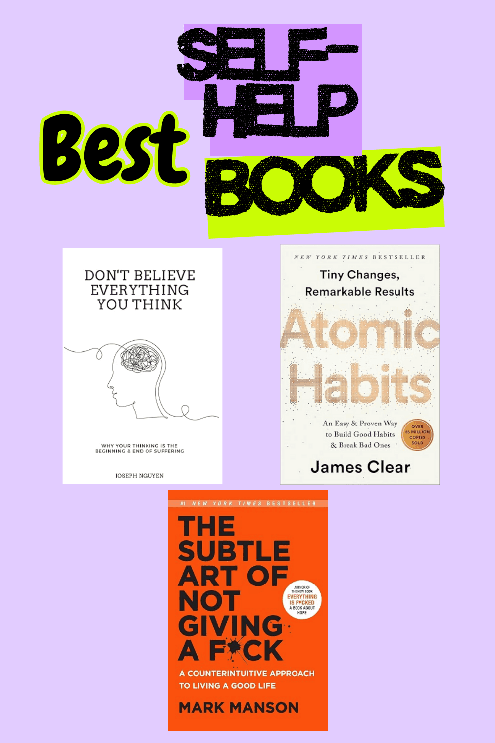 Stack of inspiring self-help books including Atomic Habits and The Subtle Art of Not Giving a F*ck.