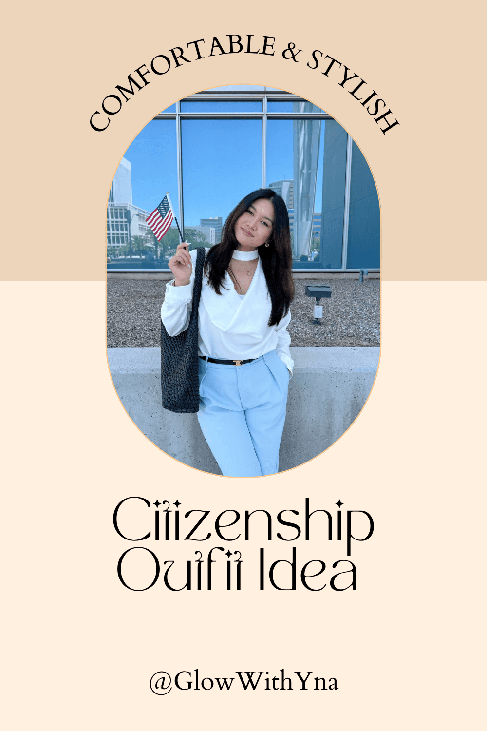 Chic square pants and elegant white top styled for a citizenship ceremony.