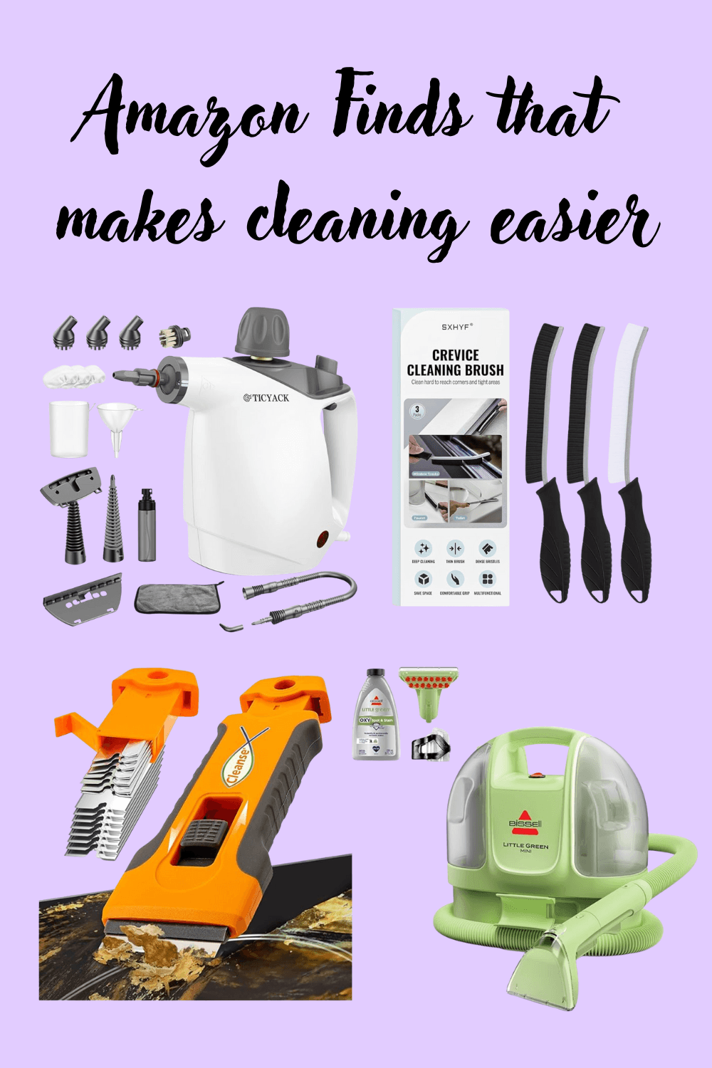 A curated set of cleaning tools including a scraper, crevice brushes, a portable carpet cleaner, and a steam cleaner arranged on a tidy surface.