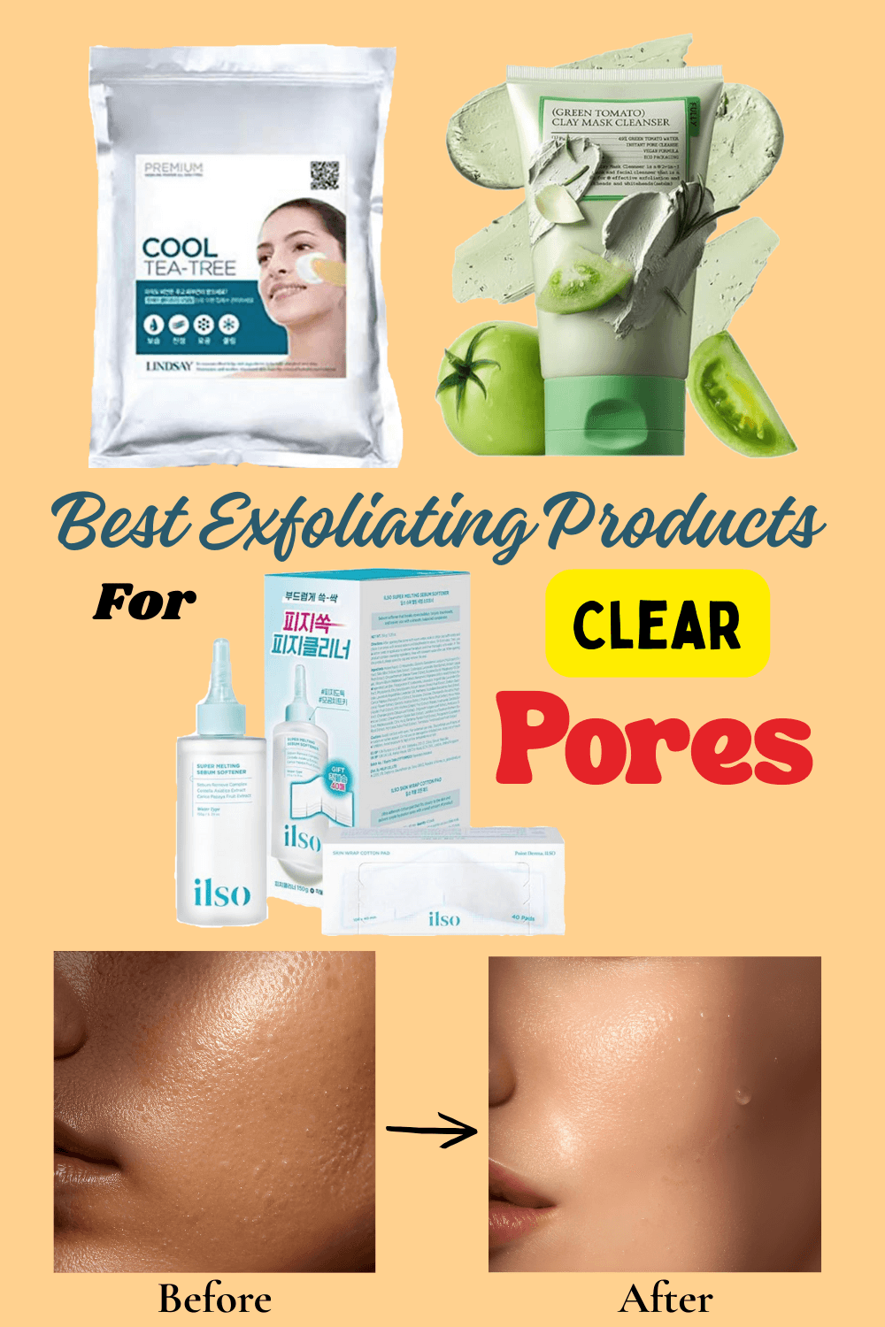 Skincare products including Ilso Sebum Softener, Green Tomato Clay Cleanser, and Lindsay Cooling Modeling Mask for unclogging pores.