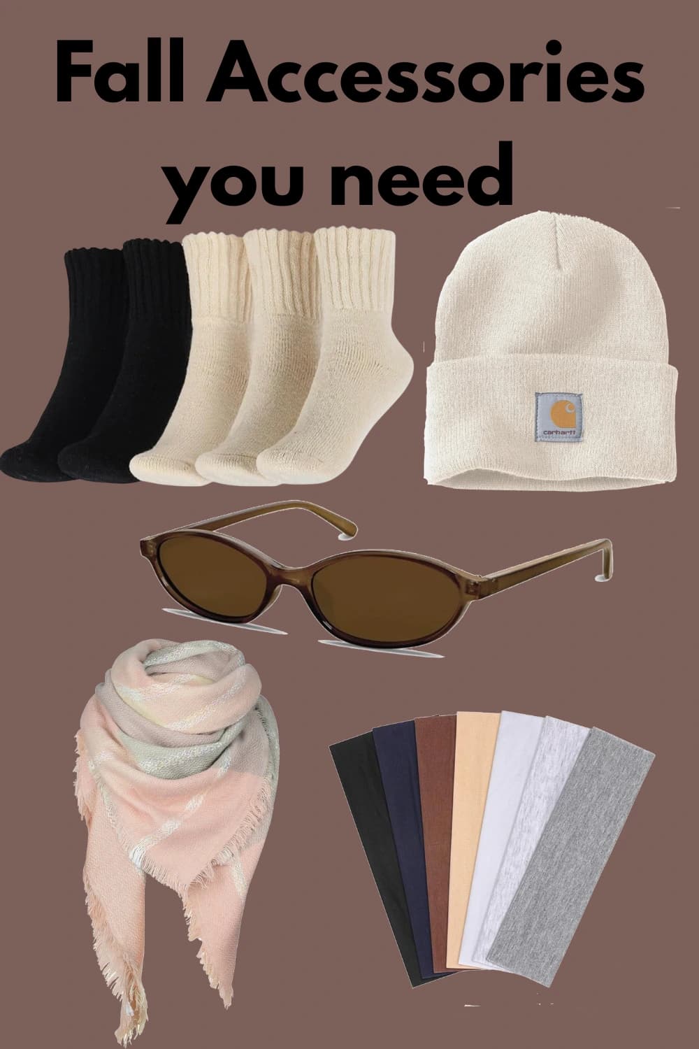 Flatlay of fall accessories including an oversized scarf, knit beanie, thick socks, sunglasses, and a warm headband on a neutral background.