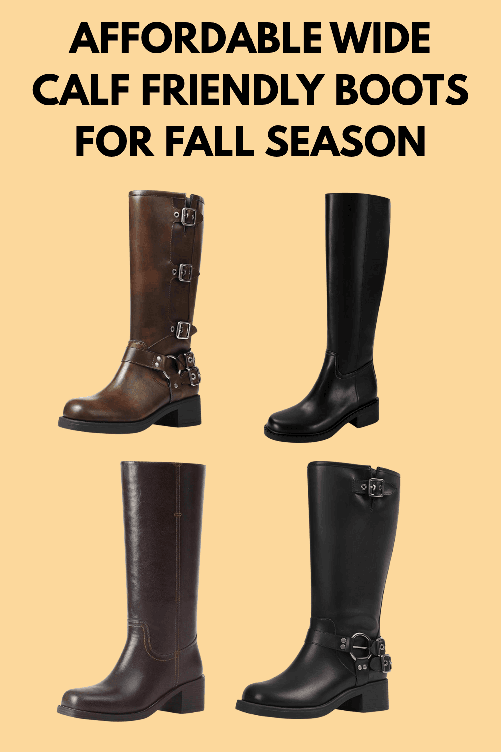 A lineup of stylish wide-calf boots in black, brown, and buckle styles placed against a fall-themed background.