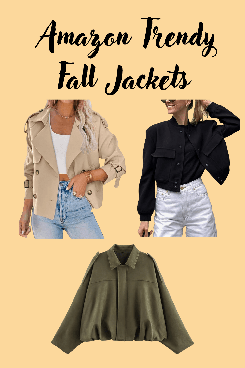 Three fall jackets—a short trench, a green cropped jacket, and a black cropped jacket—styled for a casual autumn outfit.
