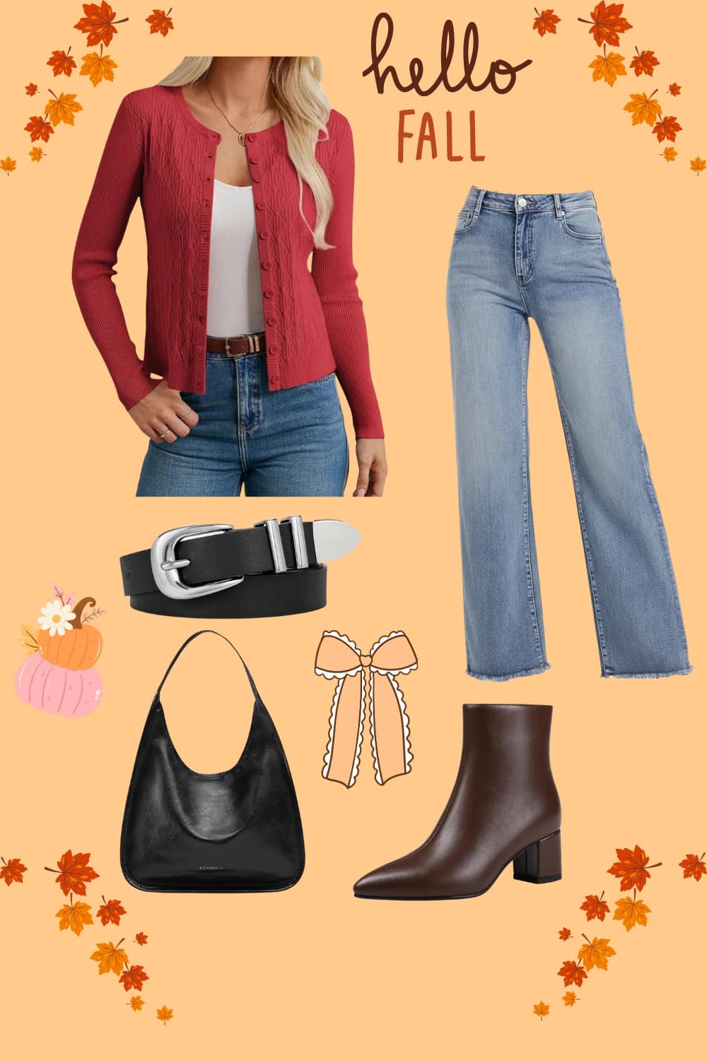 Chic fall outfit with a deep red cardigan, denim jeans, black belt, chunky heel boots, and a structured black bag.