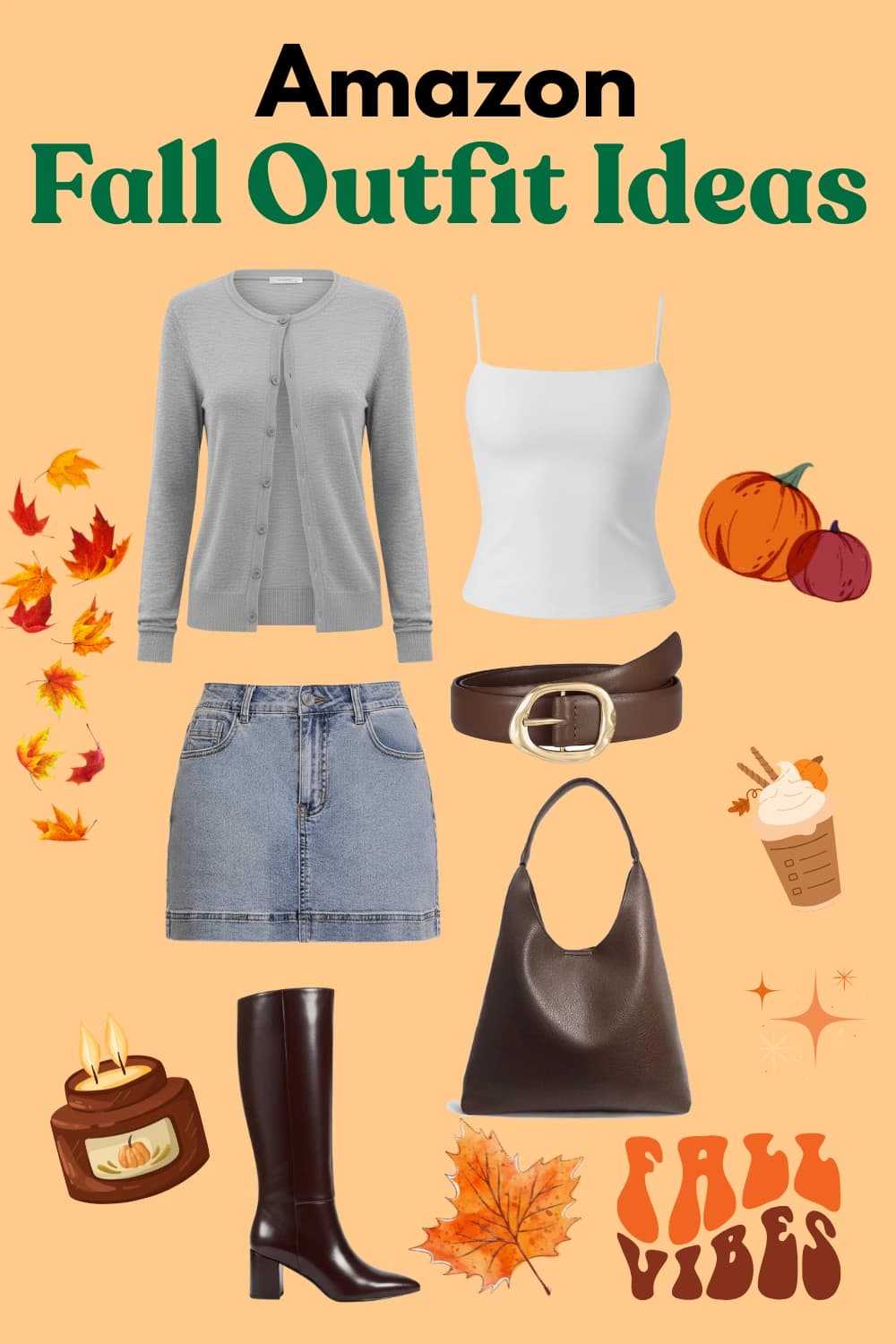 Chic fall outfit with white cami, grey cardigan, denim skort, brown belt, knee-high boots, and a slouchy bag.