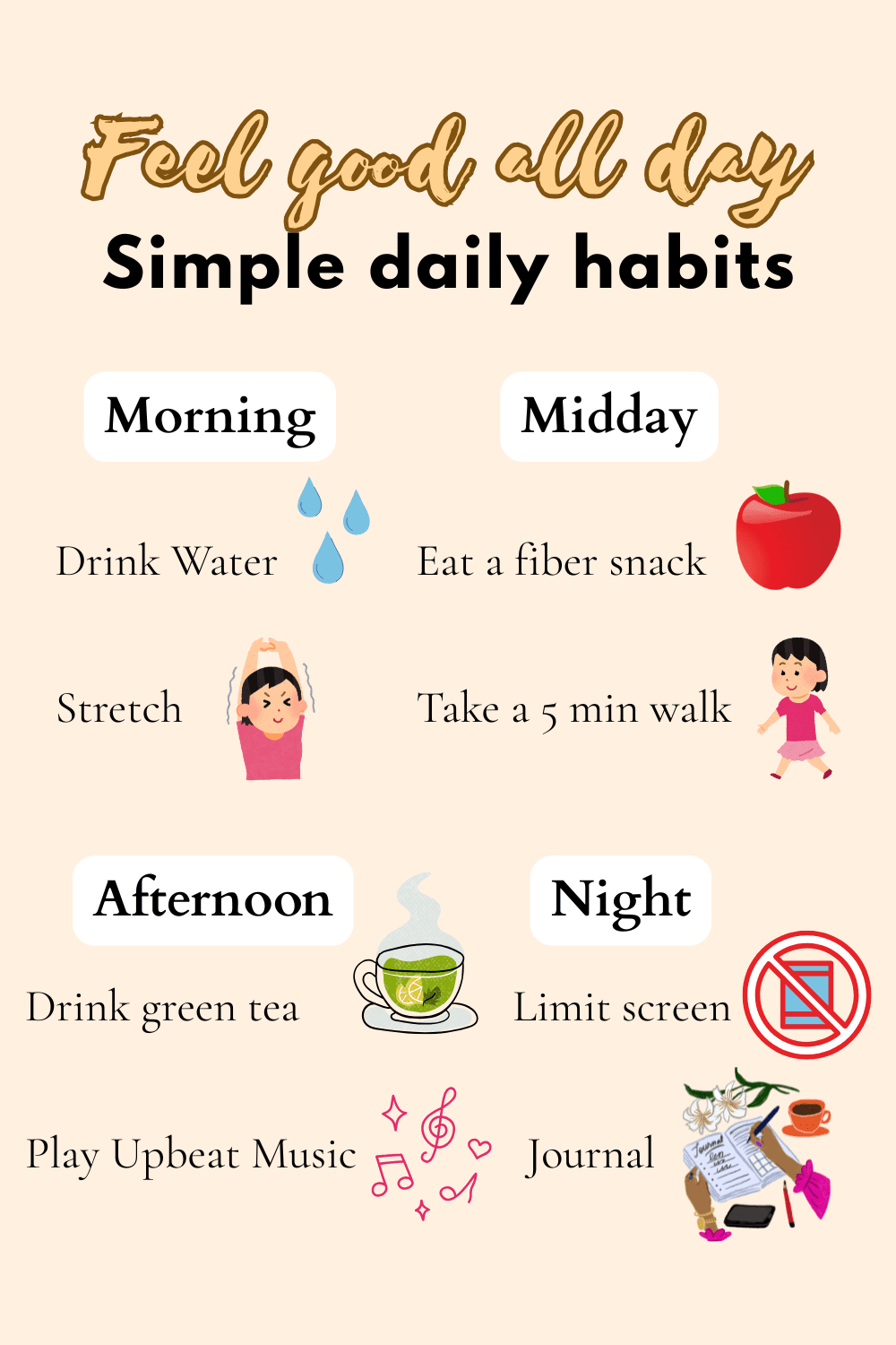 Daily self-care essentials including water, journal, tea, and cozy setup representing balanced routines.