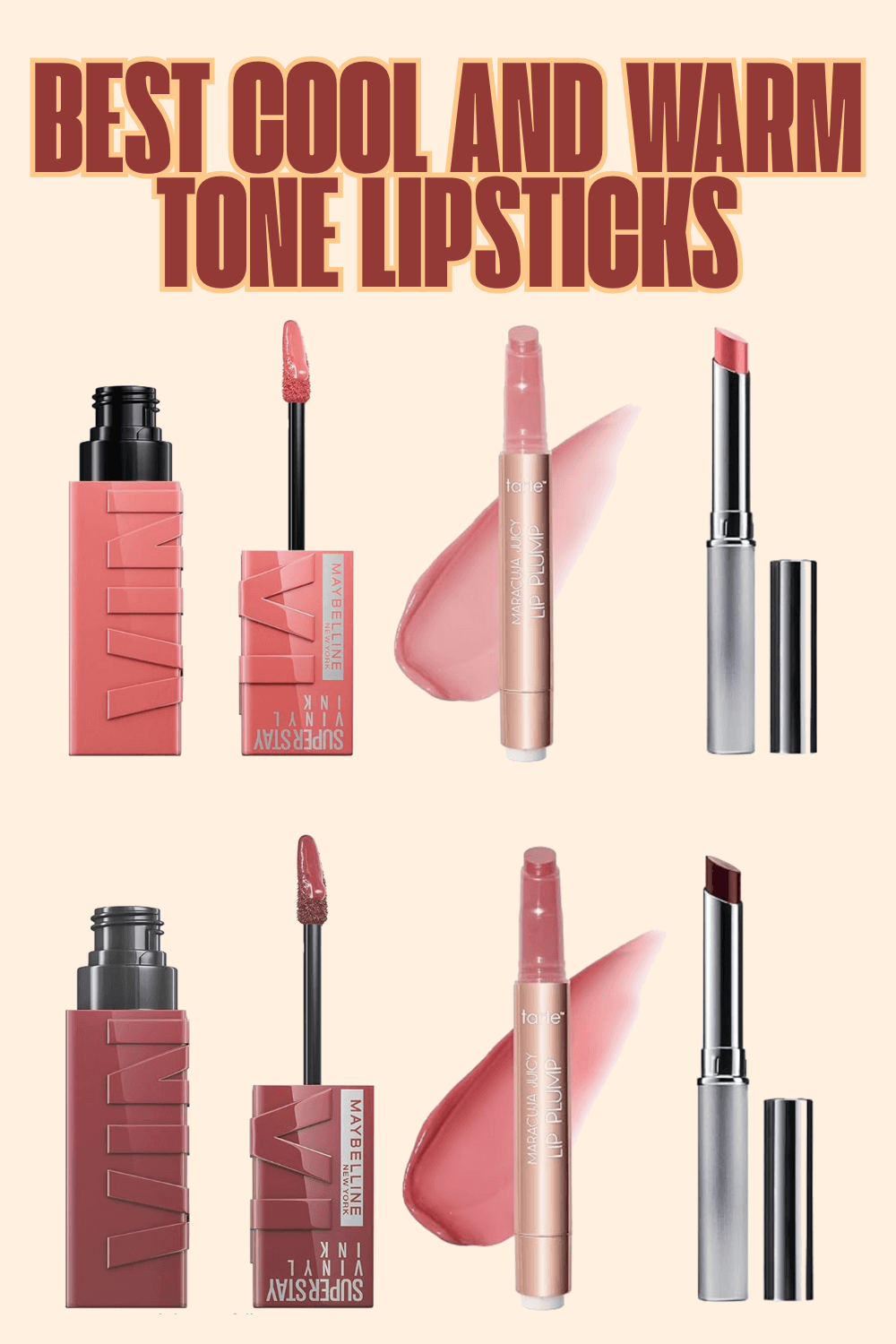 Collection of warm and cool-toned lipsticks including pinks, berries, corals, and peachy nudes.